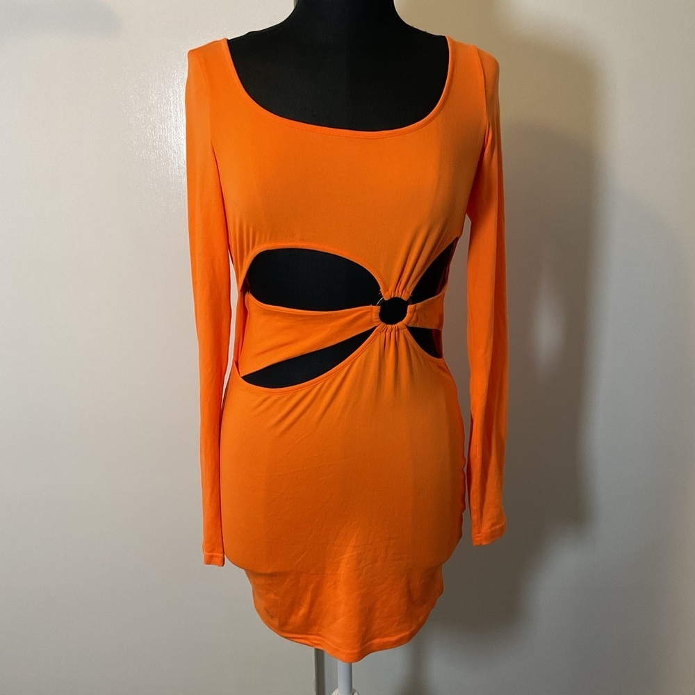 SHEIN Orange Embellished Waist Cut-Out Long Sleeve Bodycon Mini Dress SZ Med - Picture 2 of 6